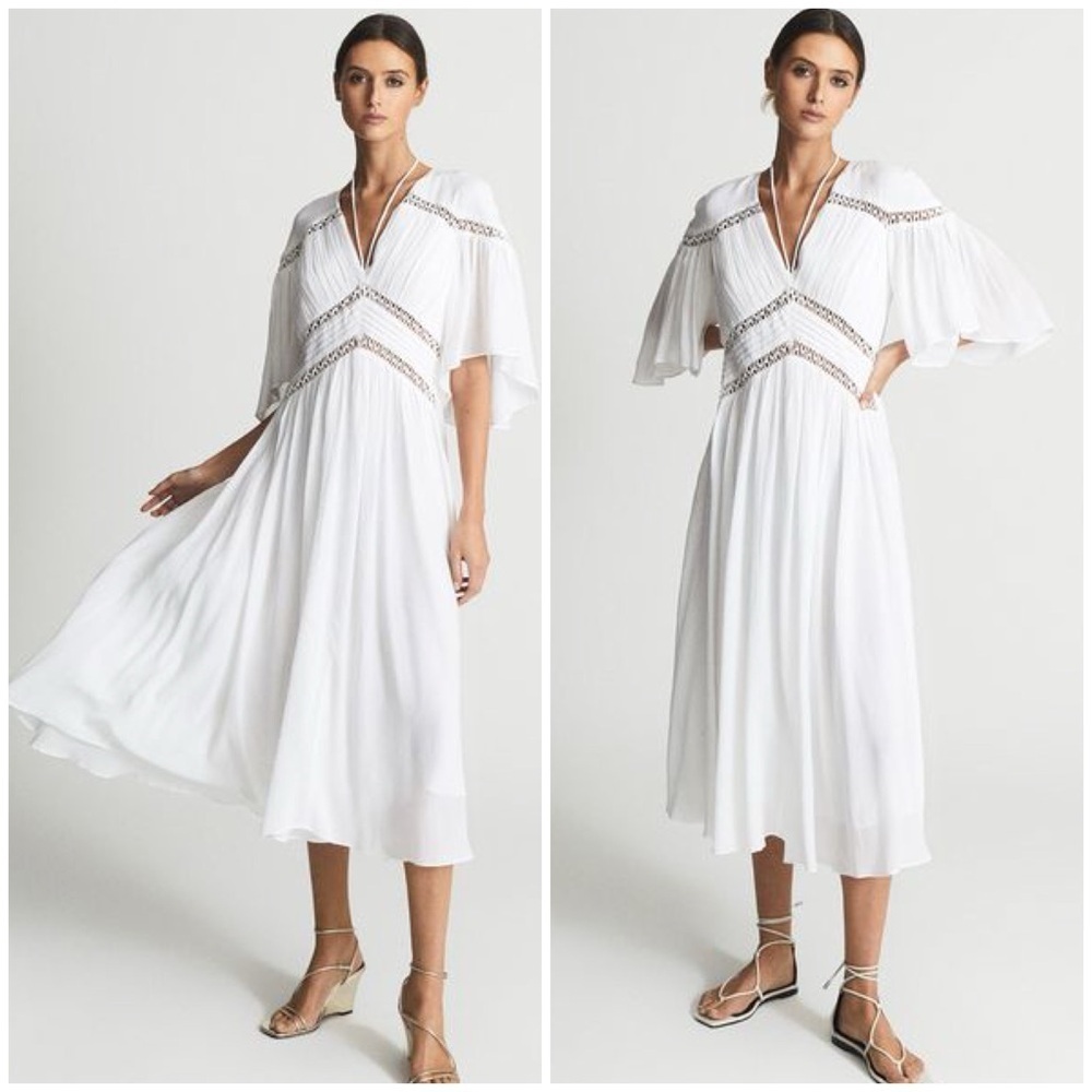 Reiss White Midi Dress With Lace Insets And Flutter Sleeves